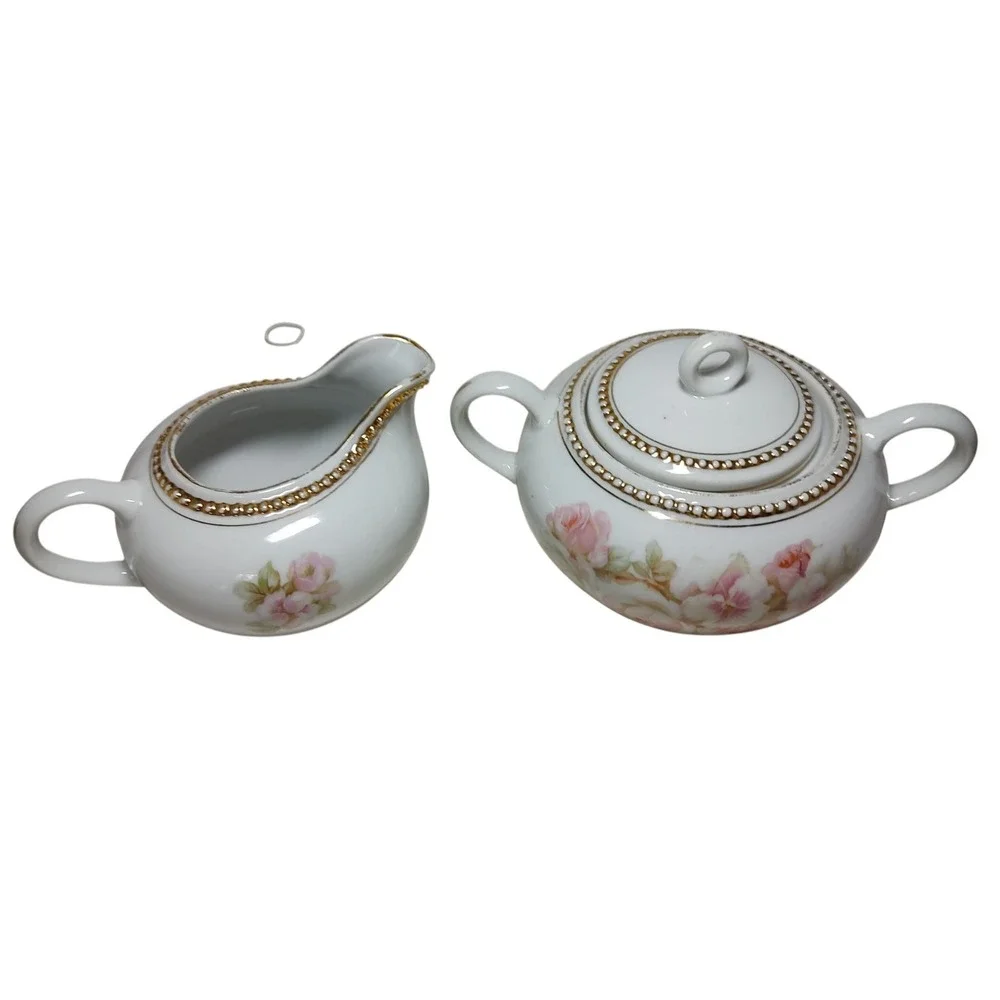Antique PK Silesia Creamer and Covered Sugar Bowl Floral Rose Gold‎ Trim Poland